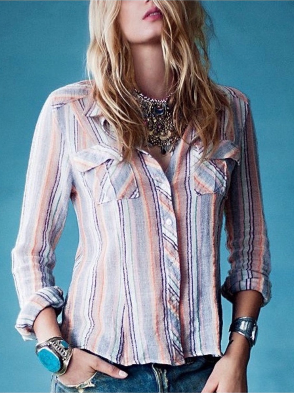 Free People Midwestern Gauze Striped Button Down Shirt